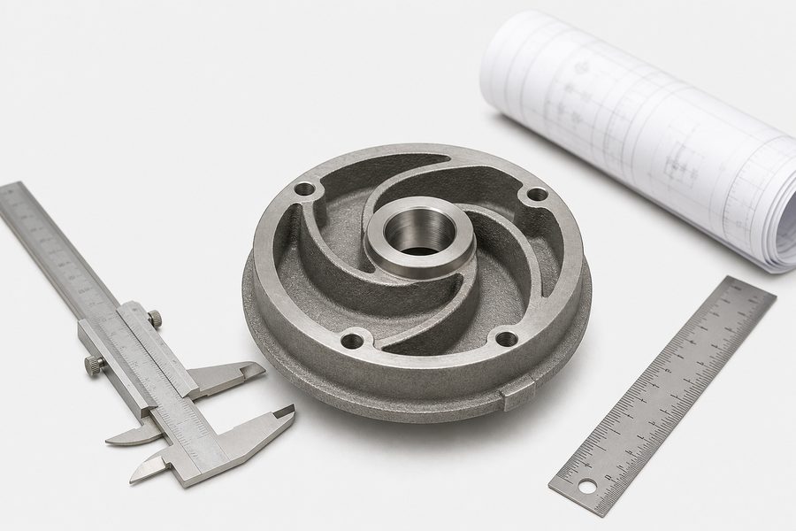 Technical still life of a pump impeller and calipers